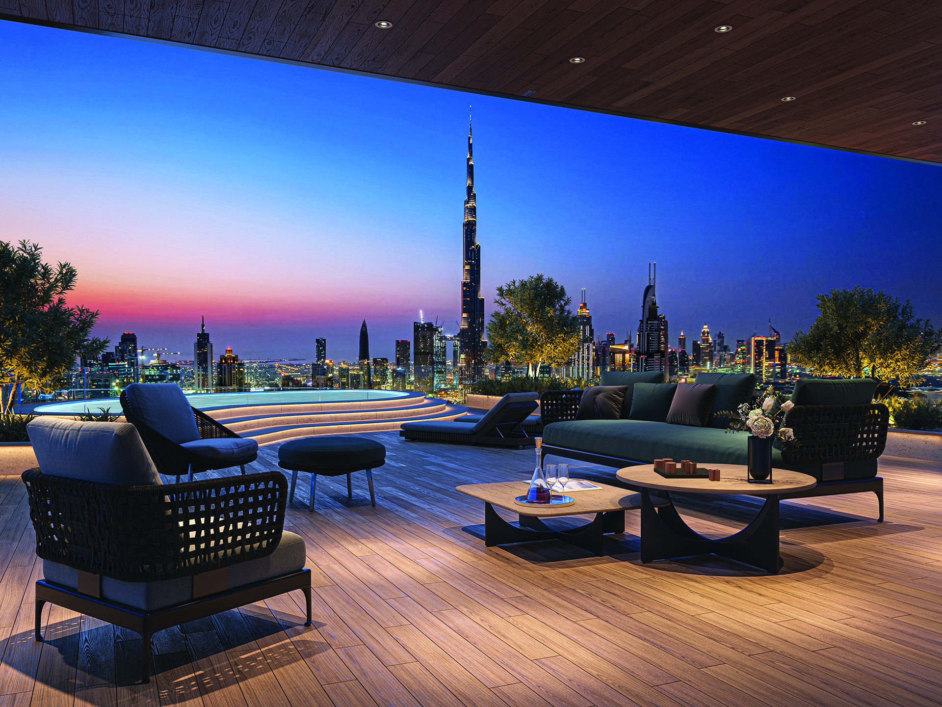 Outline World architectural visualization of a terrace overlooking Dubai at dusk