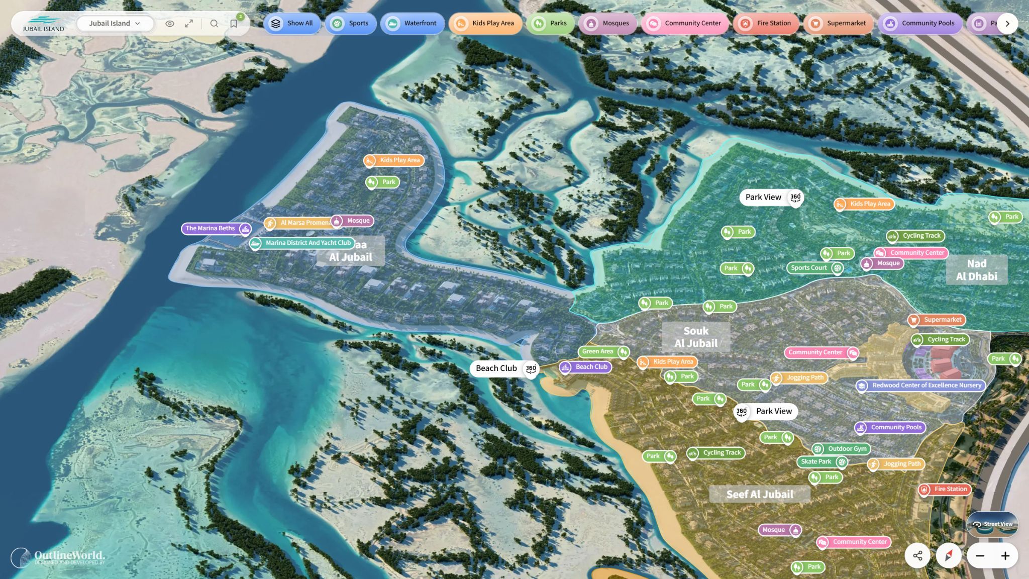 Jubail Island masterplan with amenity categories and labelled parks, beach club, sports, community facilities and other destinations