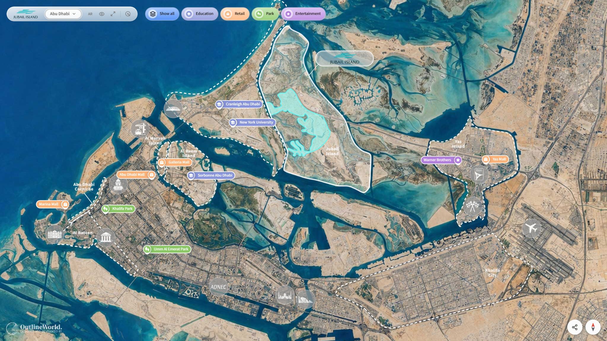 Interactive World city viewer showing Jubail Island in Abu Dhabi with landmark category filters and destination markers