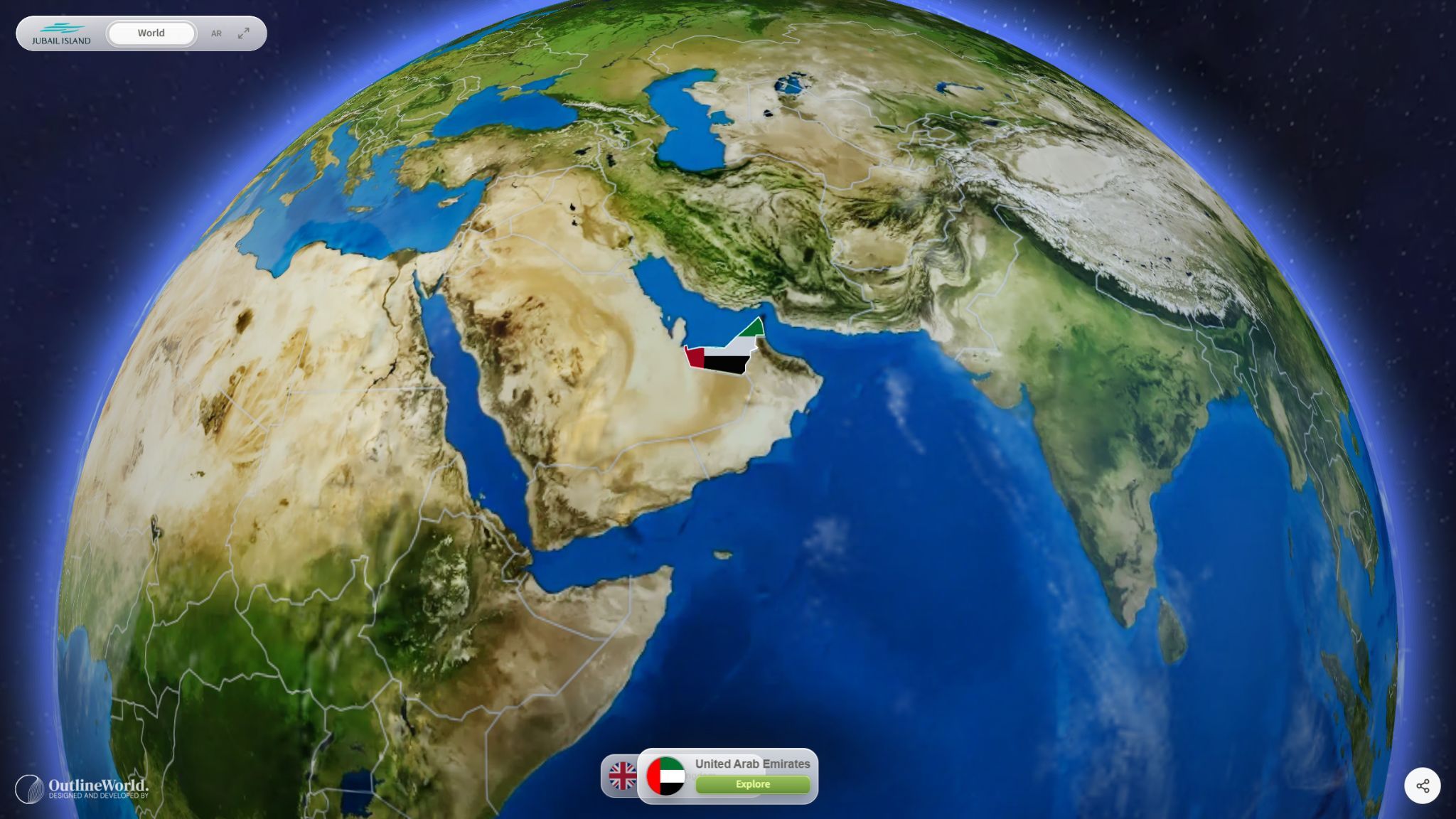 Interactive World global portfolio globe with the United Arab Emirates selected as a market