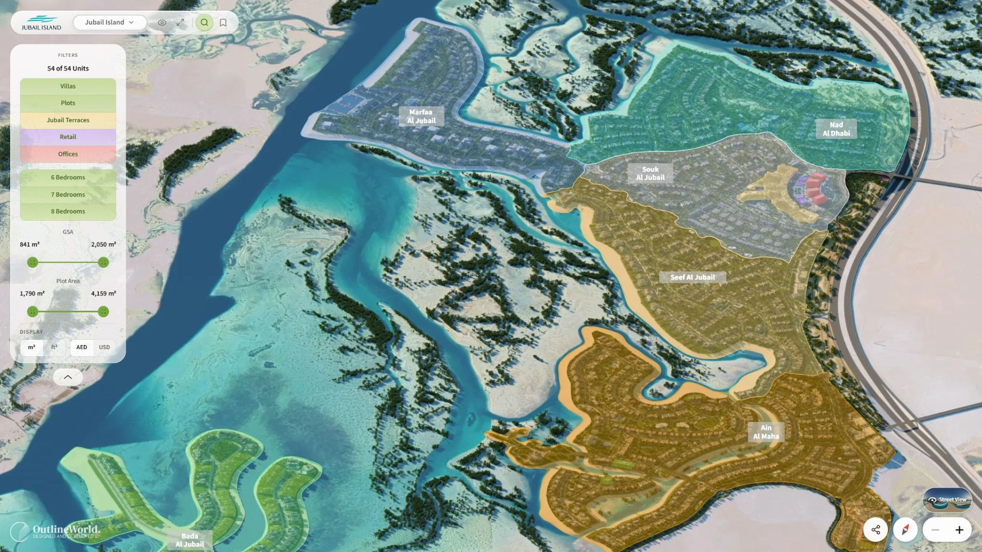 Interactive World property filters showing unit types, bedroom counts, GSA and plot-area ranges beside the masterplan